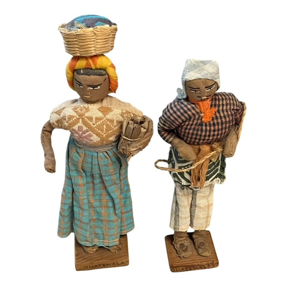 Vintage Handcrafted Guatemala Folk Art Doll Pair – Man & Woman – Woven Textiles,